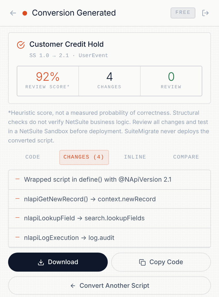 SuiteMigrate conversion result for a SuiteScript 1.0 User Event converted to 2.1, listing each documented change (sample data)